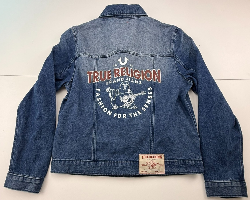 TRUE RELIGION BUTTON FRONT PRINT DENIM JACKET MEDIUM BLUE QUARTZ WASH SZ M NWTB